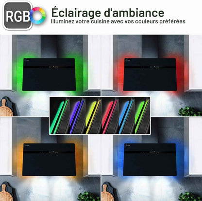 Hotte Aspirante Cuisine 80 Cm | Inclinées | Acier Inoxydable | Verre Noir | Wifi | Arrête Automatiquement | Éclairage LED RVB | Opération Tactile | STYLE8005SMAO