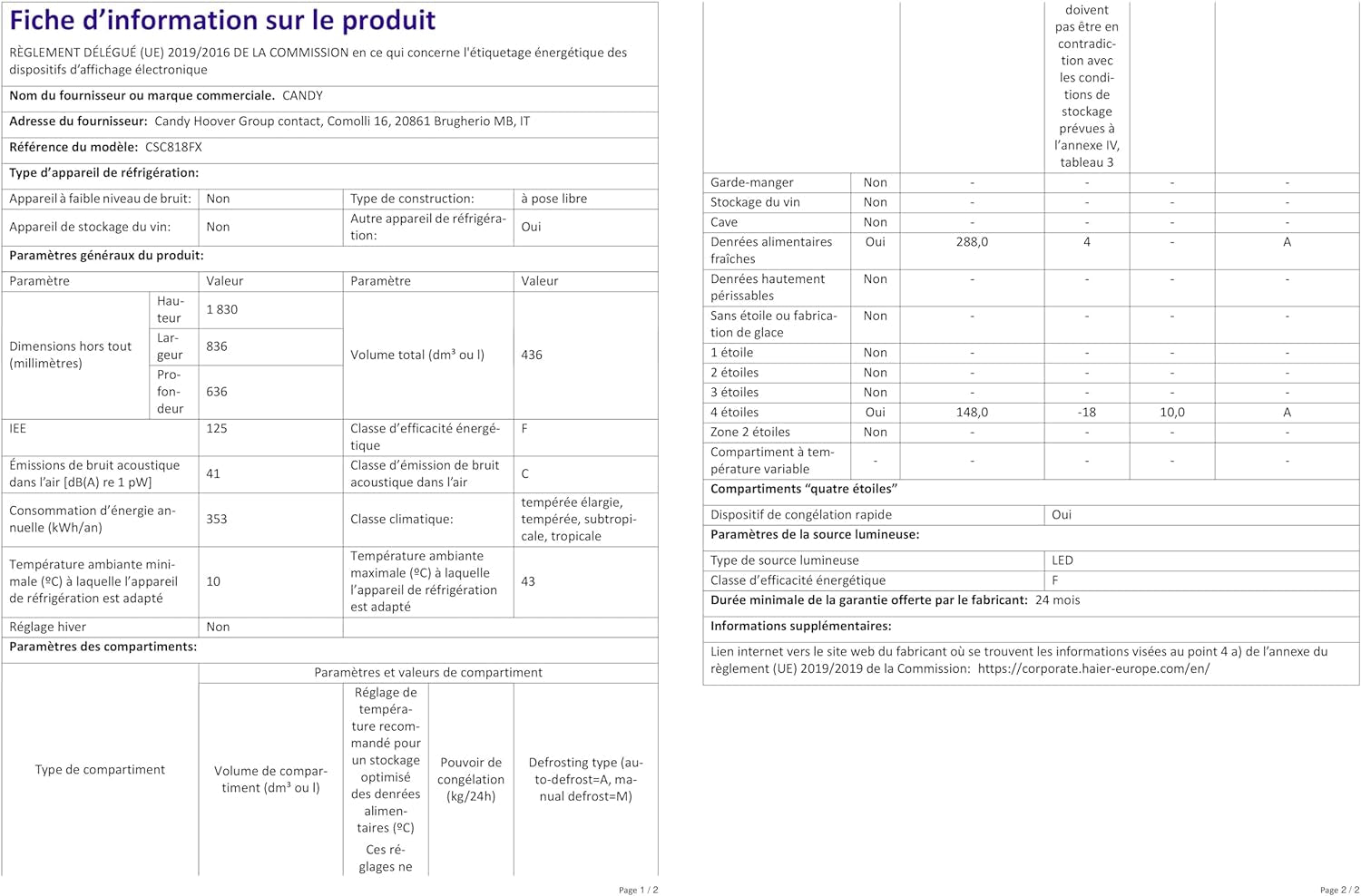 CSC818FX Réfrigérateur Combiné - Pose Libre, 436L (Réfrigérateur 288L + Congélateur 148L), 4 Portes, No Frost, Gris, Classe F