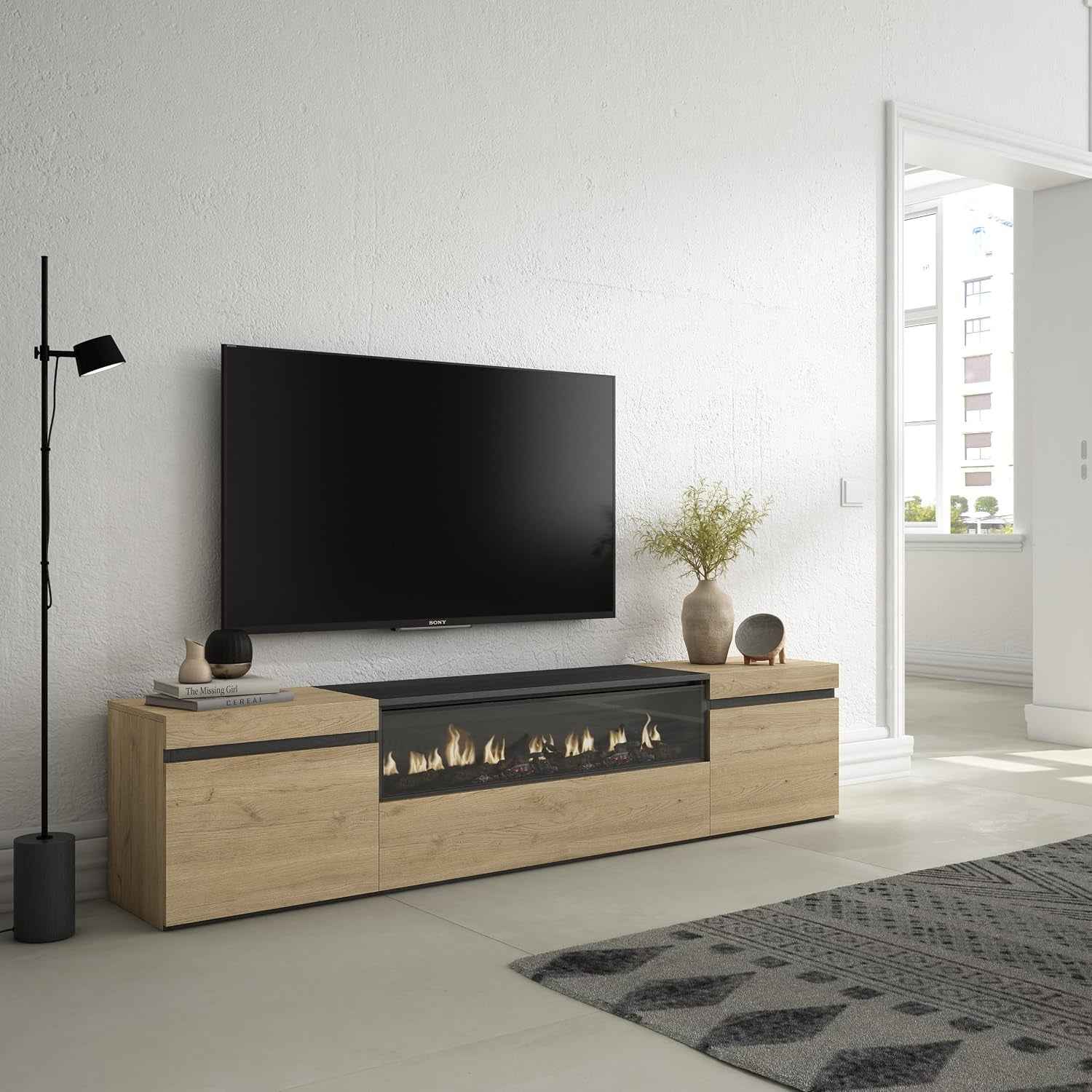 | Meuble TV | Banc Télé | Grand Espace De Rangement | 200X45X35Cm | Pour Les TV Jusqu'À 80" | Cheminée Électrique | Style Moderne | Chêne Et Noir