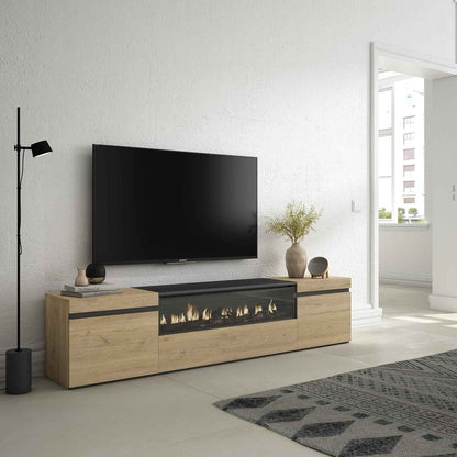 | Meuble TV | Banc Télé | Grand Espace De Rangement | 200X45X35Cm | Pour Les TV Jusqu'À 80" | Cheminée Électrique | Style Moderne | Chêne Et Noir