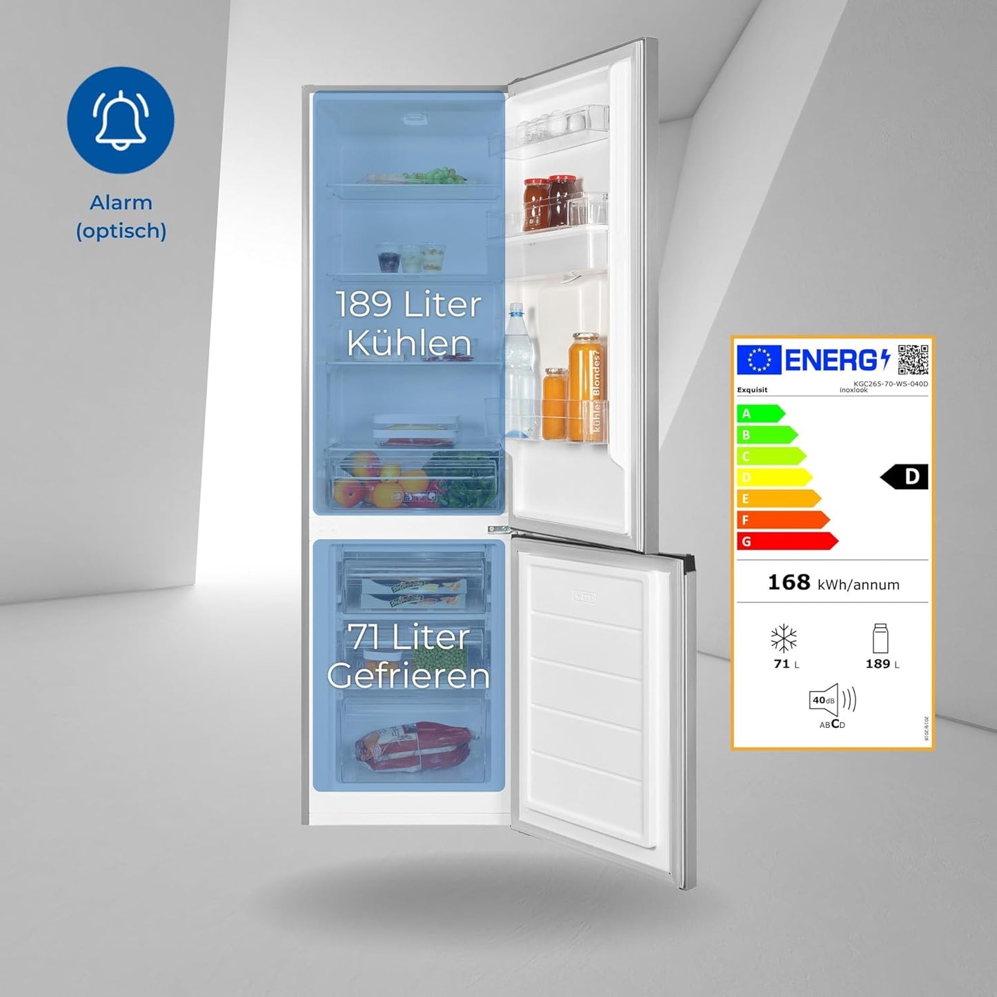 Exquisit Réfrigérateur-Congélateur KGC265-70-WS-040D Inoxlook | Capacité Utile 260 L