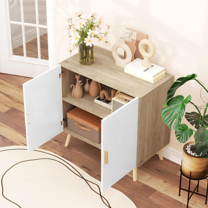 Buffet, Meuble De Rangement, Avec Poignées En Bambou, Étagère Ajustable, Base Surélevée, Pour Salon Cuisine Salle À Manger, 76 X 41,2 X 74 Cm Blanc Et Bois Naturel