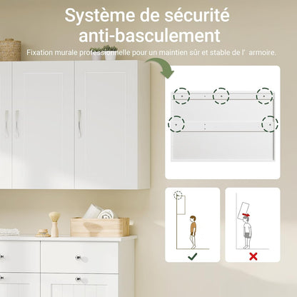 Meuble Haut Cuisine Avec 3 Portes & Étagères Réglables MDF Blanc | Placard Cuisine Mural Armoire Murale Cuisine Pour Épices, Meuble Suspendu Cuisine, Charge 36Kg, 90X30X60Cm, FRG231-L-W
