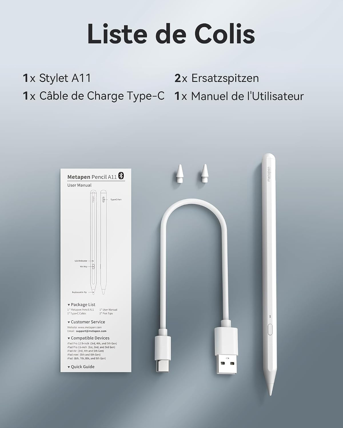 Stylet A11 Compatible Avec Apple Ipad 2018-2026，2X Charge Rapid | Rejet De Paume Stylus Pencil Pour Ipad 11 A16/10/9/8/7/6,Pro 3/4/5/6/M4/M5,Air 3/4/5/M2/M3/M4,Mini 5/6，Crayon Ipad