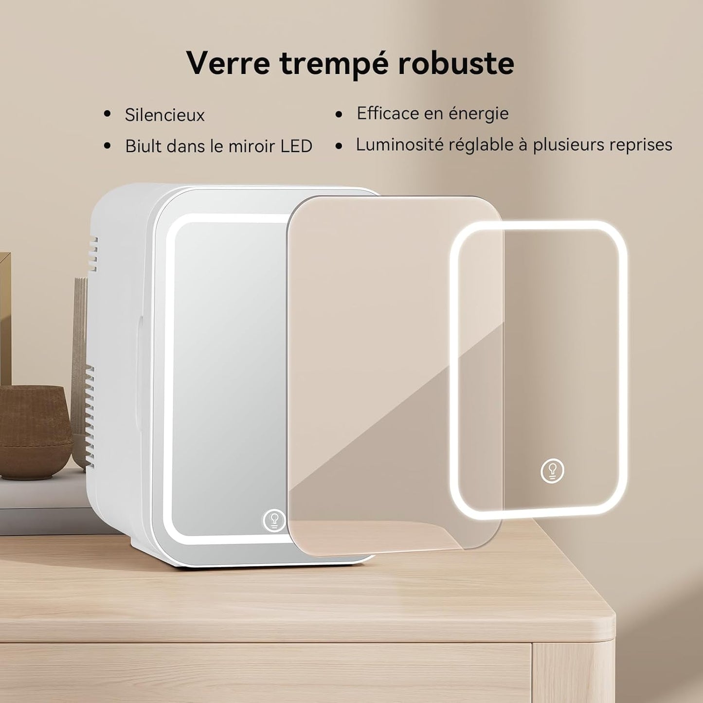 YOURLITE Mini Frigo De Chambre 2 En 1 4 Litres Avec Miroir Led À Intensité Variable, Mini Réfrigérateur Portable Ac/Dc Pour Cosmétiques Réfrigérés, Produits De Soins De La Peau Et Aliments