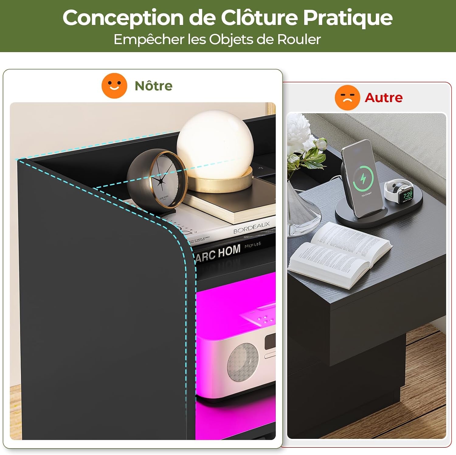 Table De Chevet Lot De 2 Avec Lumières LED Et Multiprise (2 Prises CA, 2 Ports USB) Table De Nuit Lot De 2 Avec 1 Compartiment Ouvert Et 2 Tiroirs Pour Salon, Chambre, Bureau, Moderne, Noir