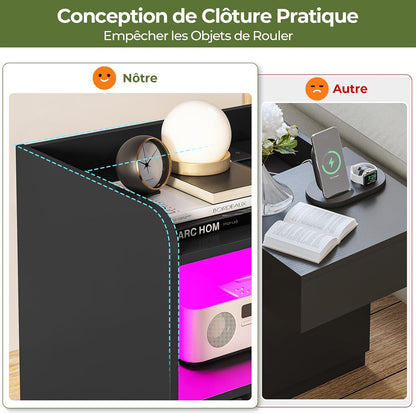 Table De Chevet Lot De 2 Avec Lumières LED Et Multiprise (2 Prises CA, 2 Ports USB) Table De Nuit Lot De 2 Avec 1 Compartiment Ouvert Et 2 Tiroirs Pour Salon, Chambre, Bureau, Moderne, Noir