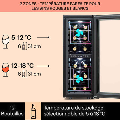 Shiraz Cave À Vin Blanc – 12 Bouteilles, 42 L, 2 Zone | Réfrigérateur À Vin Pose Libre, Porte Vitrée, Silencieux, 5–18 °C, LED, Cadre Inox
