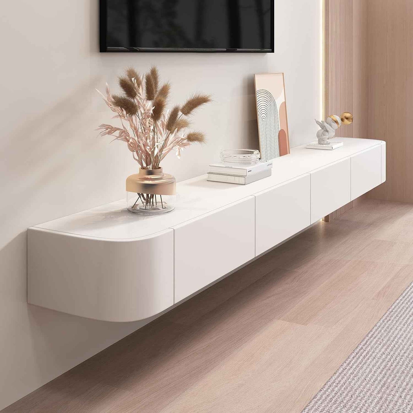 Meuble TV Flottant, Étagères TV Murales Avec Porte, Console Multimédia TV, Meuble TV Flottant, Grand Banc TV De Rangement Sous La Télévision(Blanc,140Cm/55.1")