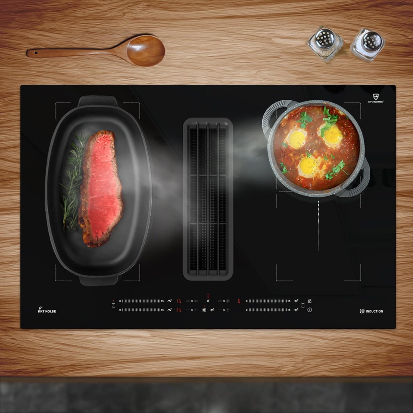 Downdraft Plaque À Induction | Aspiration Intégrée Dans La Table | 80 Cm | Autonome | 7 Kw | 4 Zones | 15 Niveaux | 2 Zones Flexibles | Sans Cadre | IND800DRAFT