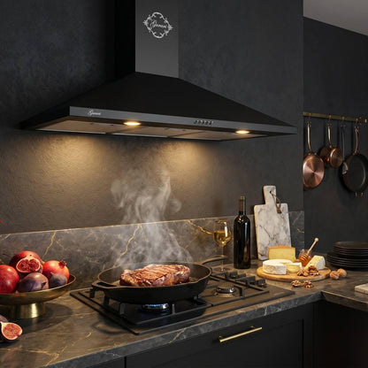 Hotte Aspirante 90 Cm GCH C 147 BL 9 N • Hotte Murale Noire • Moteur Puissant 1000 M³/H • Hotte Aspirante Et Recirculation • Éclairage LED • Filtre À Graisse Métallique • Hotte De Cuisine Noire