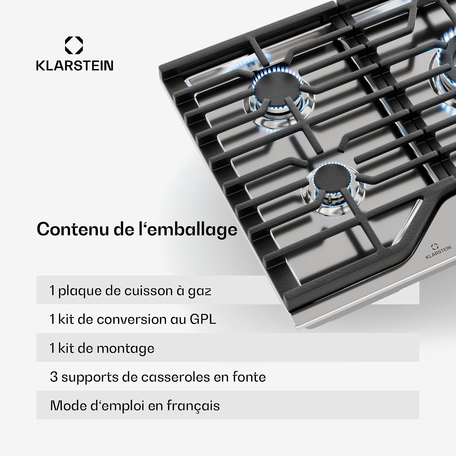 Klarstein Turbocast Plaque De Cuisson Gaz - 5 Brûleurs, Inox 304, 3.4Kw Wok, Allumage Auto & Sécurité, Kit Conversion GPL, Plaque Au Gaz Professionnelle