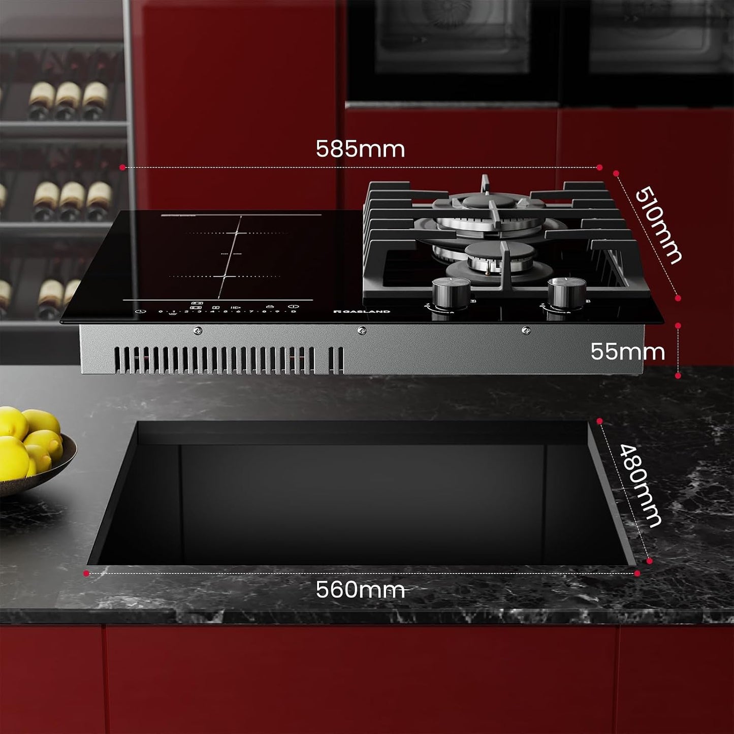 GIH604BF Plaque Mixte Gaz Et Induction 60 Cm, Gaz 5200 W Avec Brûleur Wok, Induction 3500 W Avec Fonction BBQ, Verre Noir Encastrable (Sans Poêle)