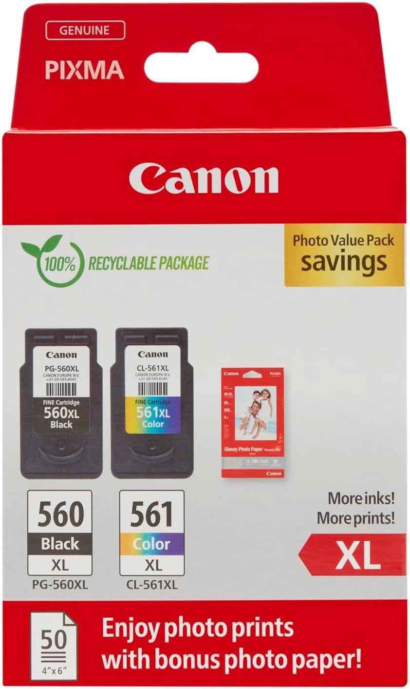 Canon PG-560XL + CL-561XL Fine Cartouches D'Encre D'Origine + Papier Photo | 14.3Ml + 12.2Ml Encre Authentique Haute Capacité Et Papier Photo - Pour PIXMA Ts5350I, Ts7450I, Ts5350A, TS5350 Et plus !