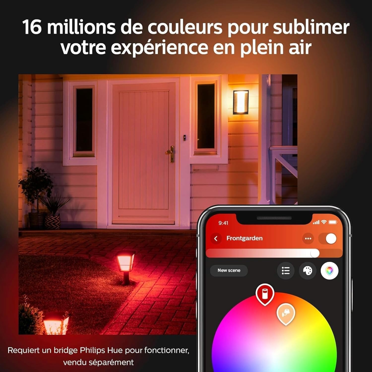 Philips Hue White & Color Ambiance Applique Murale Extérieur IMPRESS, Kit De Base Jusqu'À 16 M De Couleurs, Noir, Luminaire Philips Compatible Alexa, Google Assistant Et Apple Homekit