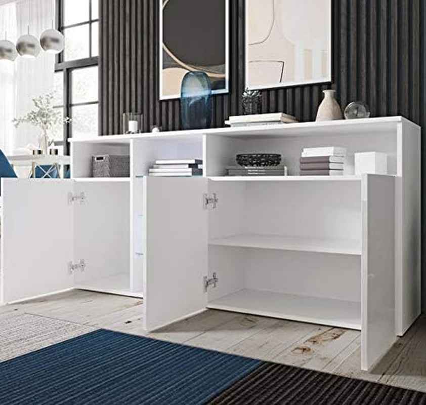 | Buffet Clark Avec Lumière LED Et 3 Portes Pour Salon Et Salle À Manger | Meuble Moderne En Mélamine Brillante | Couleur Blanc | 150X72X35 Cm