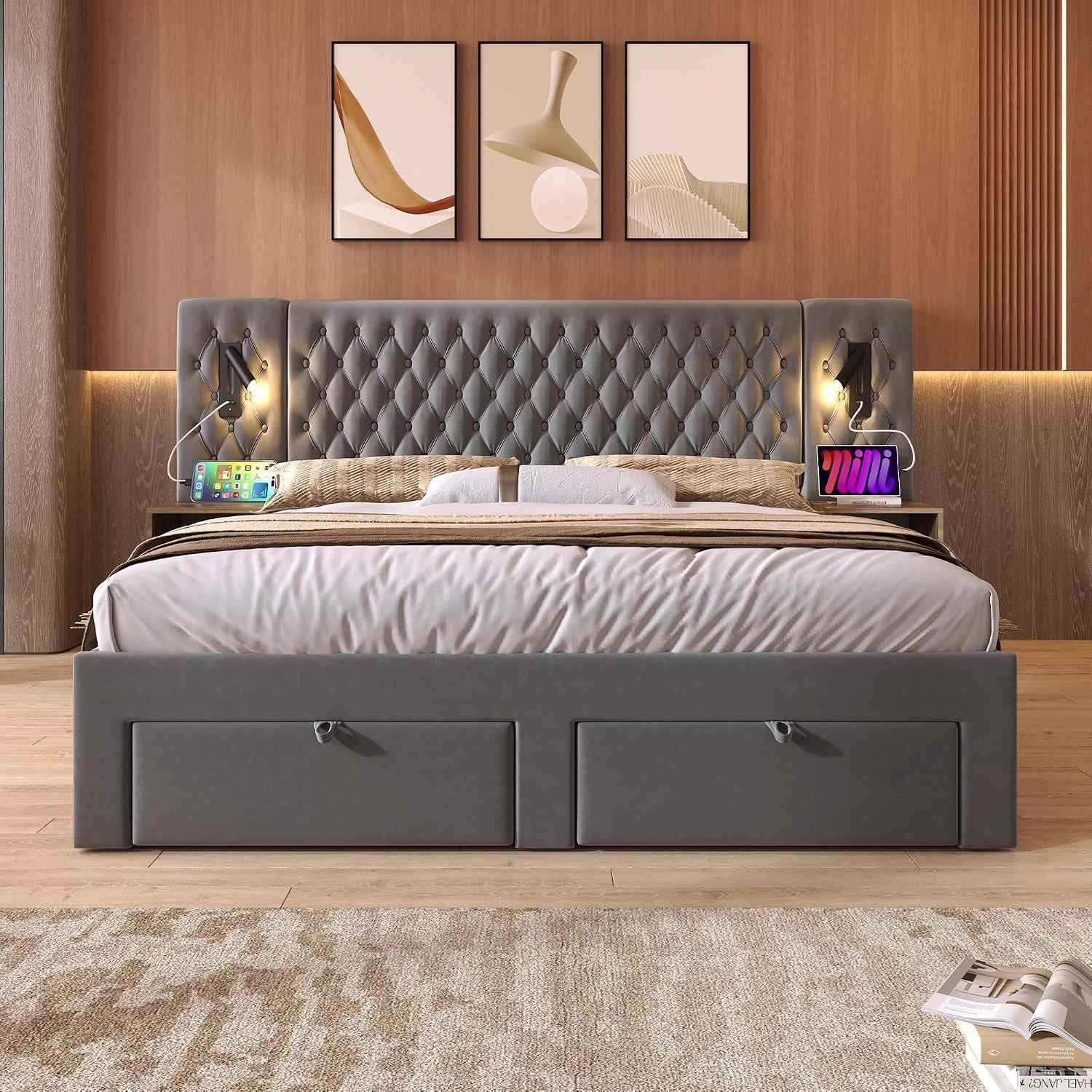 Lit 180X200 Avec Sommier LED Et USB Et 2 Tables De Chevet, Lit Coffre 180X200 Avec 4 Tiroirs Et Tete, Lit Double Avec À Lattes 2 Personnes, Lit Rembourré Cadre De Velours (Sans Matelas)
