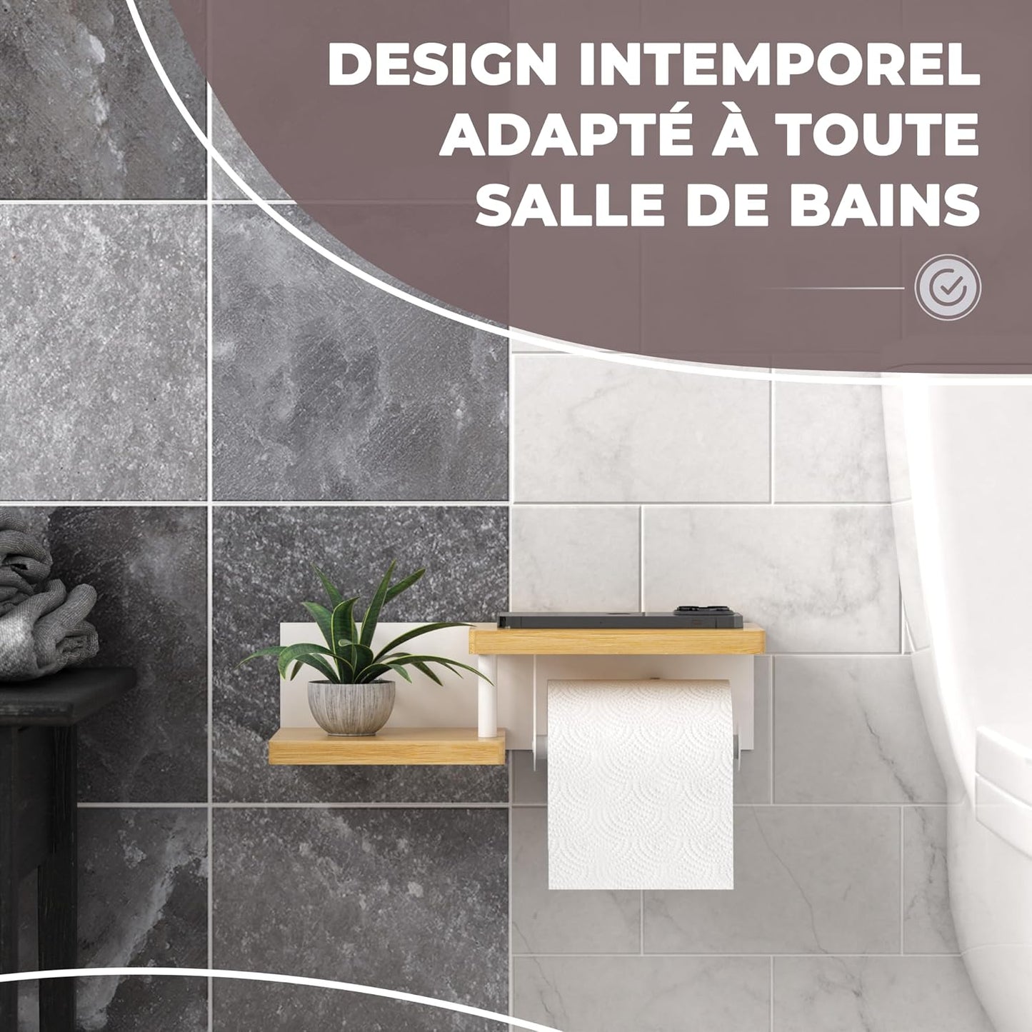® Porte Papier Toilette Mural En Bois De Bambou [Sans PERCAGE] | Derouleur Papier Toilette De Haute Qualité Avec Étagères | Blanc | Porte Rouleaux De Papier Toilette