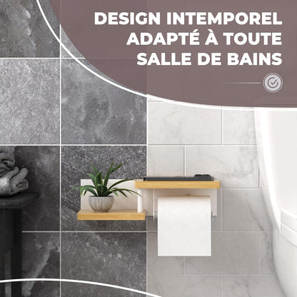 ® Porte Papier Toilette Mural En Bois De Bambou [Sans PERCAGE] | Derouleur Papier Toilette De Haute Qualité Avec Étagères | Blanc | Porte Rouleaux De Papier Toilette