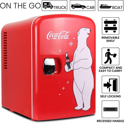 Coca Cola Mini Fridge Polar Bear 4 Liter/6 Can Portable Fridge/Mini Cooler for Food, Beverages, Skincare -Use at Home, Office, Dorm, Car, Boat-Ac & DC Plugs Included, Red [Energy Class A]