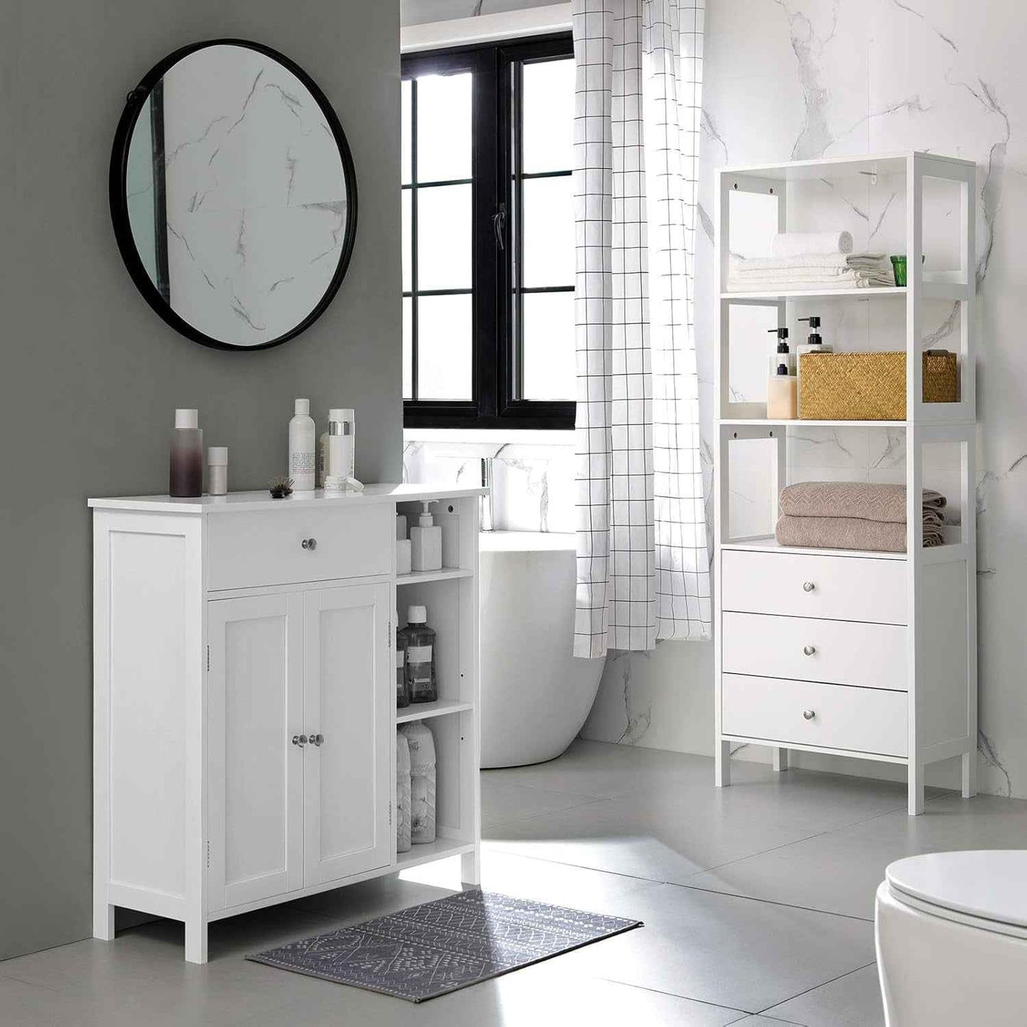 Meuble De Salle De Bain, Meuble De Rangement Avec 2 Portes, Armoire De Salle De Bain Avec Tiroir, 3 Compartiments Ouverts, Étagères Réglables, 75 X 30 X 80 Cm, Blanc Nuage BBC142W01