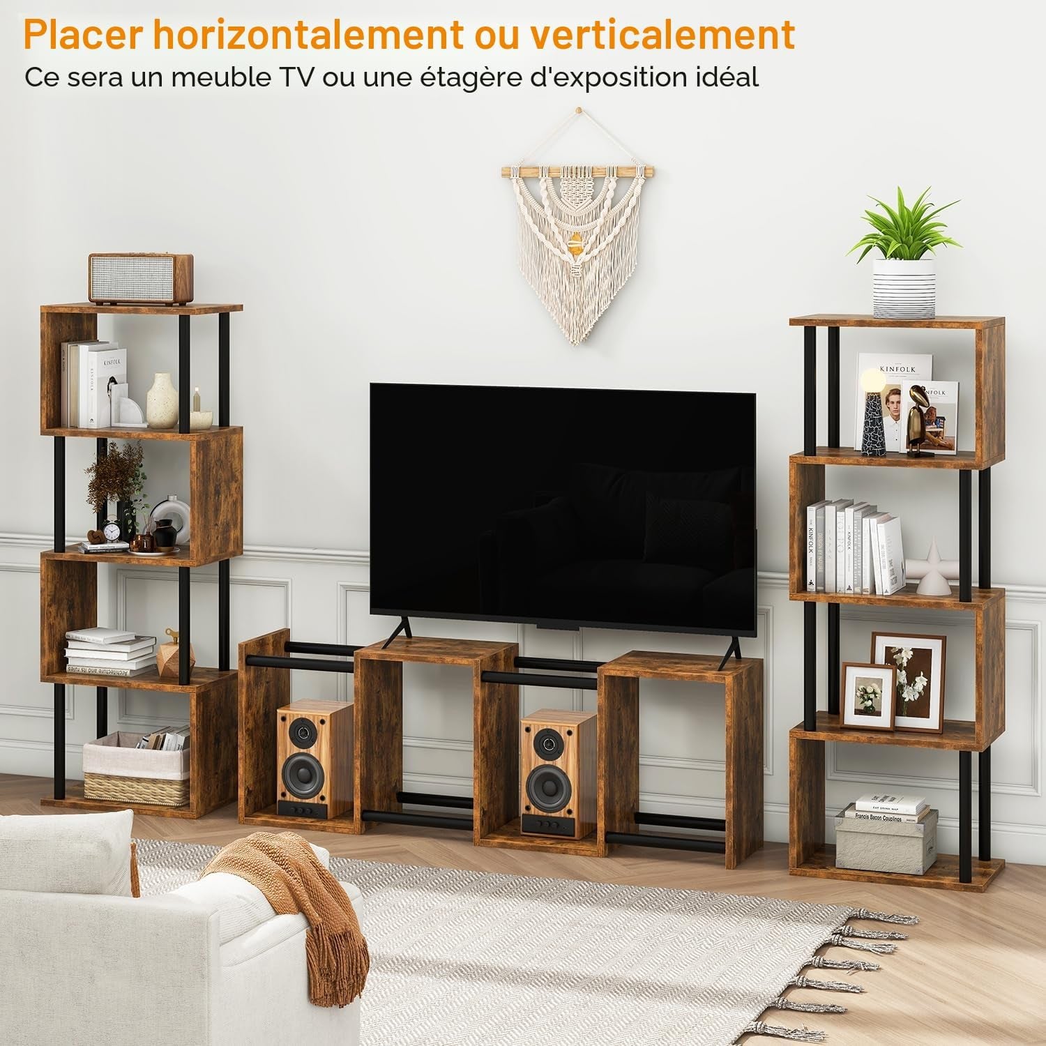 Bibliothèque En Forme De S, Étagère À 5 Niveaux,Marron WBC015H | Meuble De Rangement Bibliothèque Bois Moderne Pour Salon Chambre À Coucher Bureau À Domicile