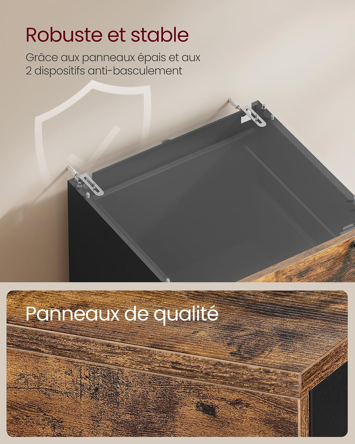 Custos Collection - Meuble De Bureau, Meuble De Rangement, Support Pour Imprimante, Avec 3 Tiroirs Verrouillables, Tringles Réglables, Compatible Avec Formats A4, Marron Rustique OFC055KD01