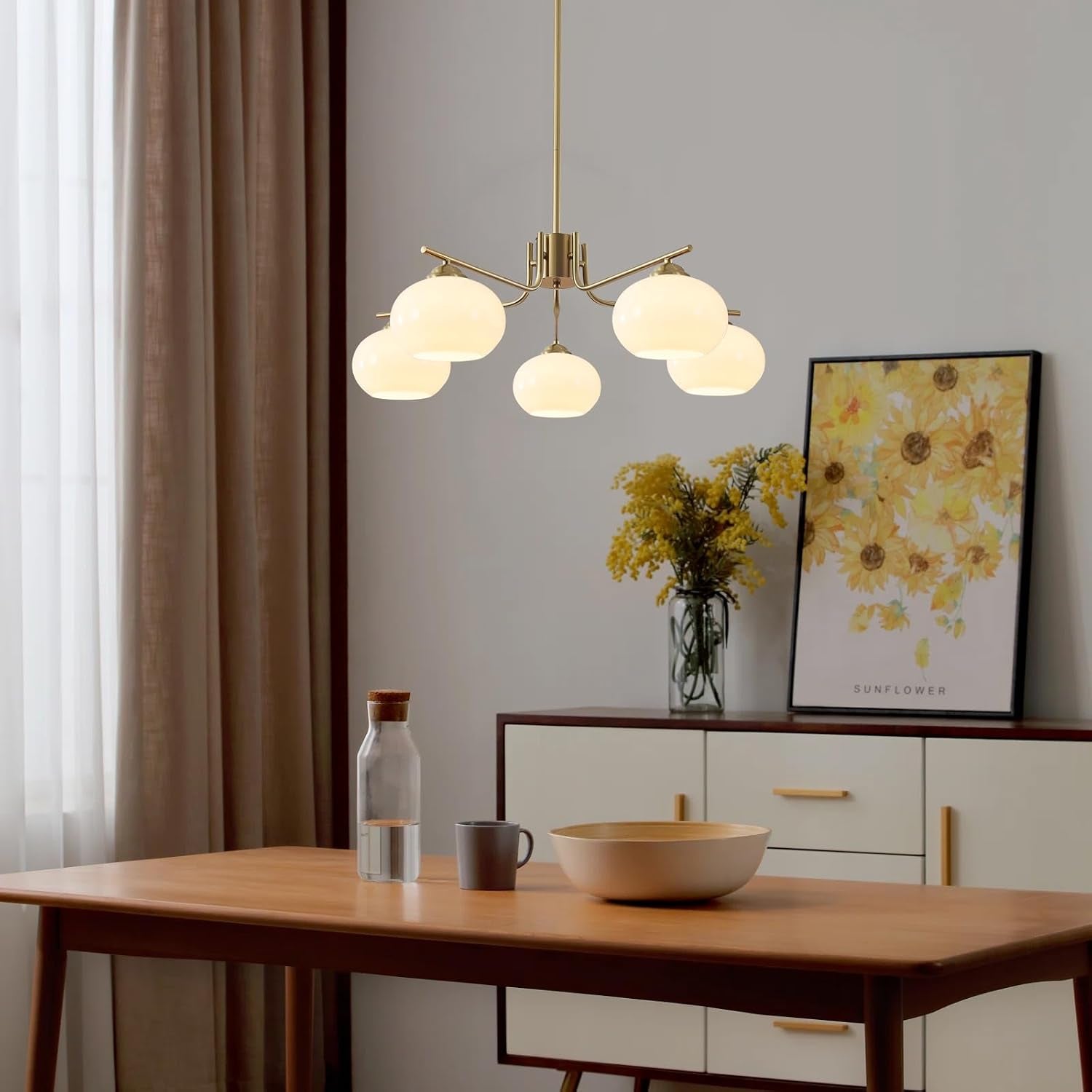 Lighting Lustre À 5 Lumières Globe Flush Mount Sputnik Luminaires Modernes En Suspension En Laiton Doré Appareil D'Éclairage Avec Globe En Verre Laiteux Lustre Pour L'Îlot De Cuisine