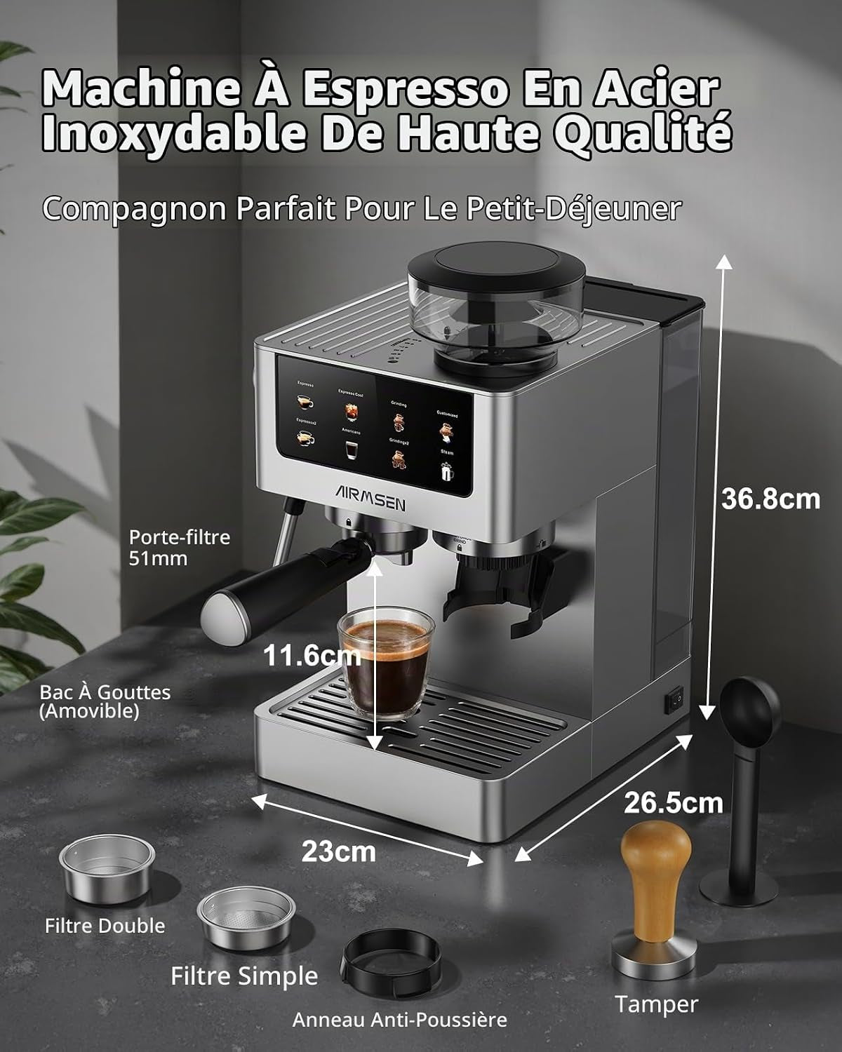 20 Bar Espresso Machine À Café Grain Avec Mousseur, 10 Réglages De Mouture, Ecran Tactile, En Acier Inoxydable, Réservoir 1,8 L- Espresso, Café Froid (Cold Brew), Americano Et Latte