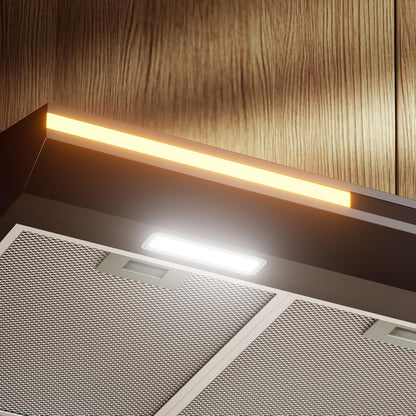 CBCB90921 Classe A+ Hotte Aspirante 90 Cm Sous Meuble - Noire | 320 M³/H -3 Vitesses,Commande Tactile, Évacuation&Recyclage, Filtre À Charbon CBCF011 Inclus, Lumière D’Ambiance Chaleureuse