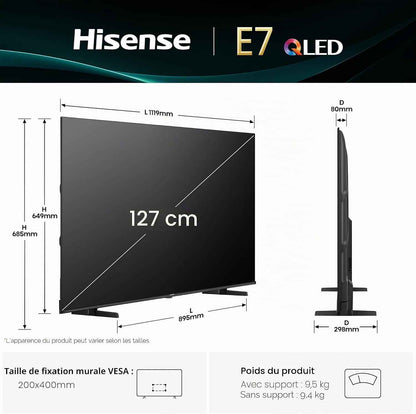 Hisense Smart TV 50 Pouces 50E7Q QLED 4K UHD Téléviseur, Dolby Vision Atmos, Mode Sport IA MEMC, HDR, VIDAA Avec Youtube, Netflix, Disney+, Canal +, Commande Vocale Alexa