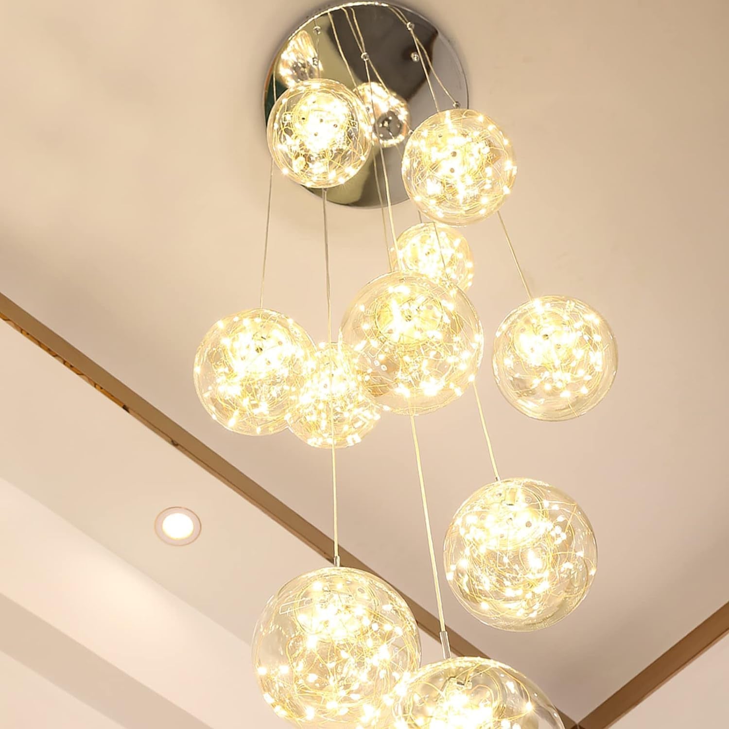 200CM Lustre Lampe Boule De Verre 10 LED, Pendentif Lumière LED D'Escalier, 50W Suspensions Long Étoilé Pendant Light, Plafonniers Modernes Pour Villas, Escaliers Et Salons