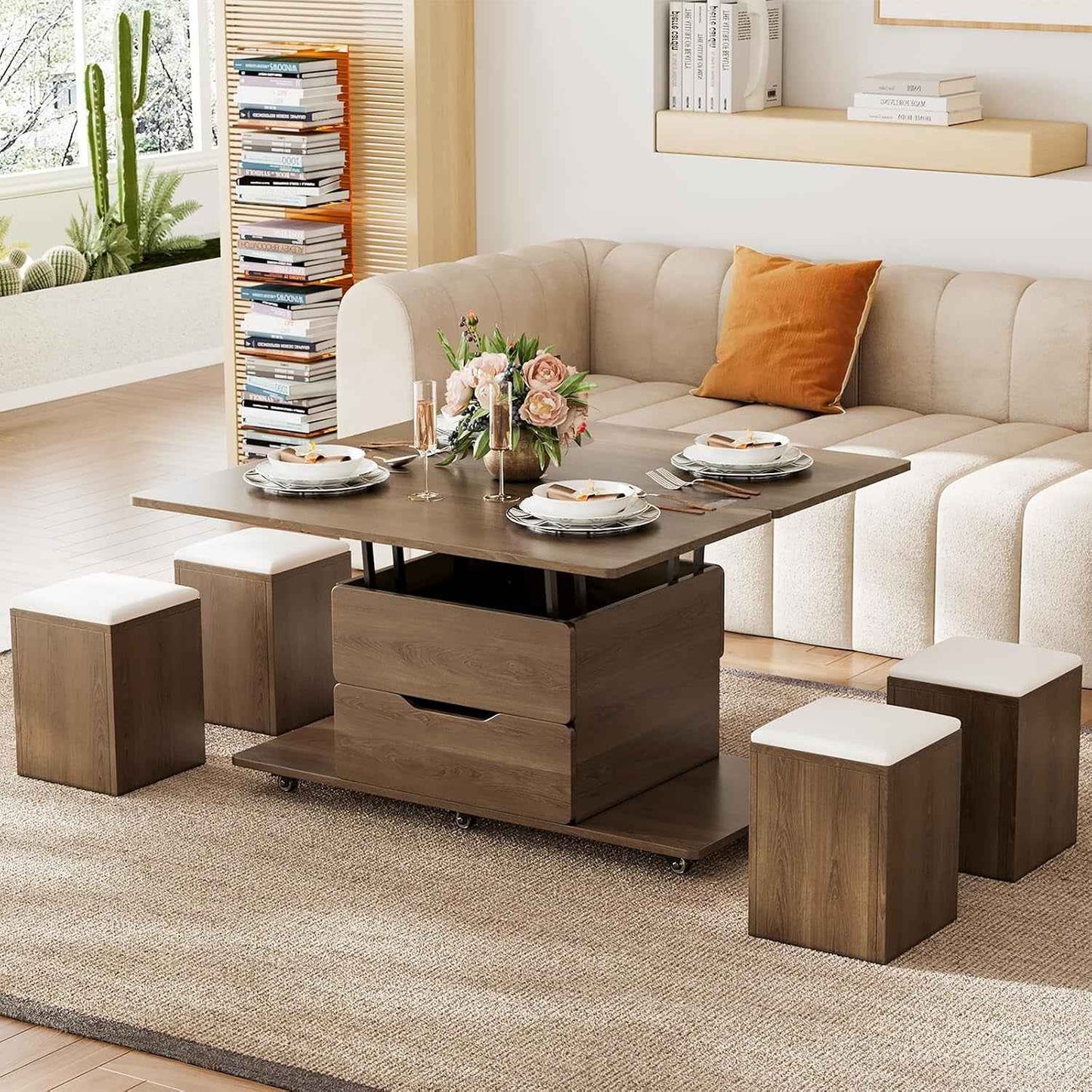 Table Basse Relevable En Bois Avec 4 Chaises Cachées Moelleuses, Tournante Hydraulique, Mode Bureau Salle À Manger, Rangement Intégré, Meuble Moderne Multi-Fonction Noir Noyer