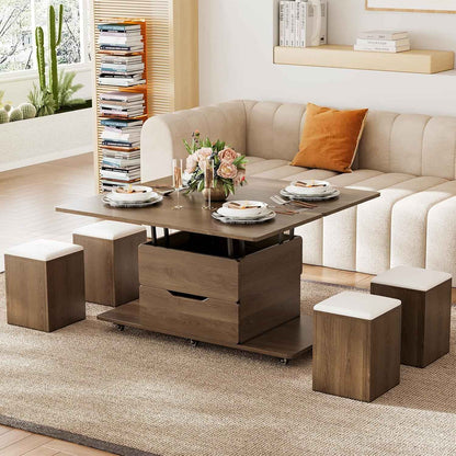 Table Basse Relevable En Bois Avec 4 Chaises Cachées Moelleuses, Tournante Hydraulique, Mode Bureau Salle À Manger, Rangement Intégré, Meuble Moderne Multi-Fonction Noir Noyer