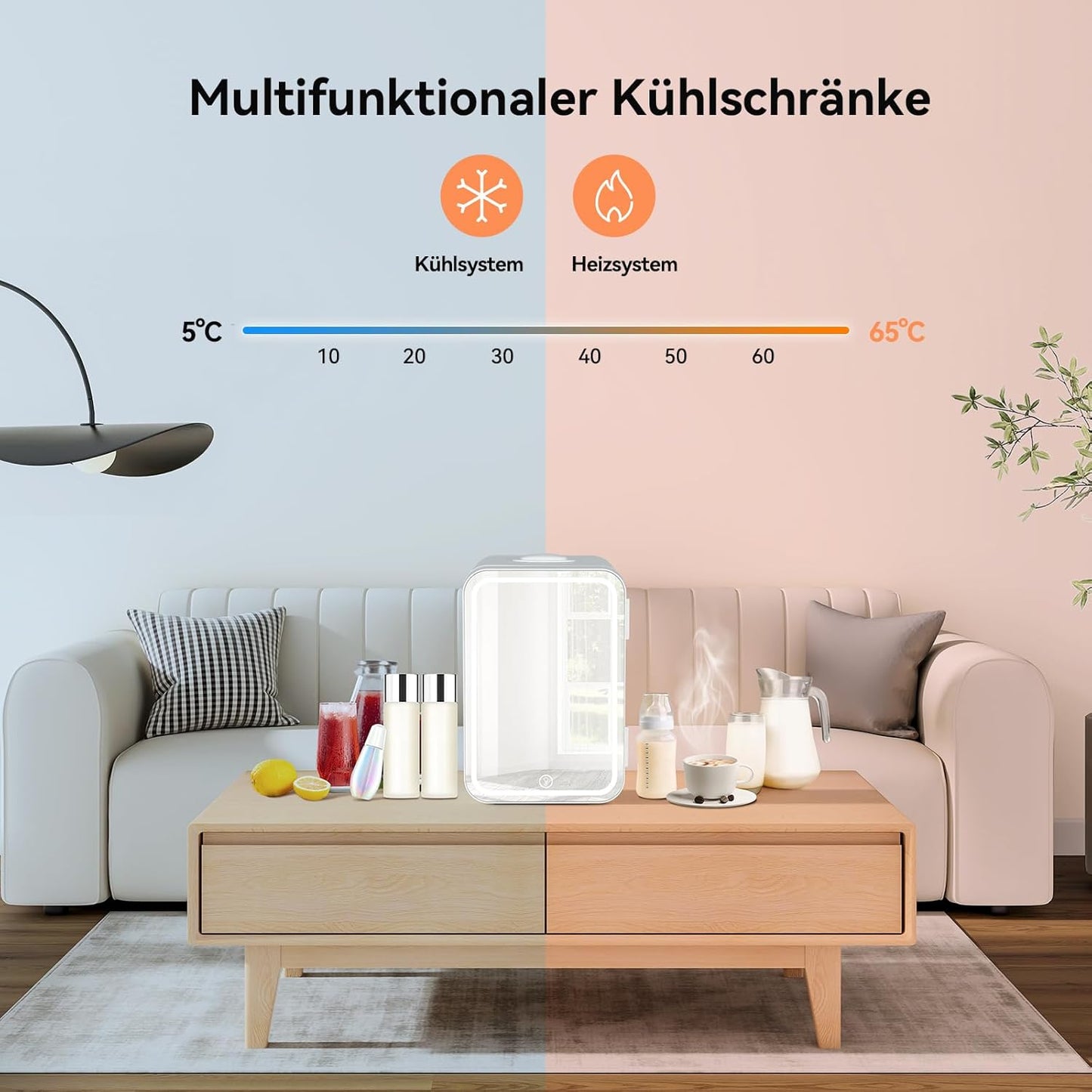 Mini Frigo 8L Avec Miroir LED, Mini Réfrigérateurs Portable, Petit Frigo Cosmetique 12V/220V, Frigo De Chambre Avec Fonction Chaud/Froid, Miroir De Maquillage Led Pour Voitures,Blanc