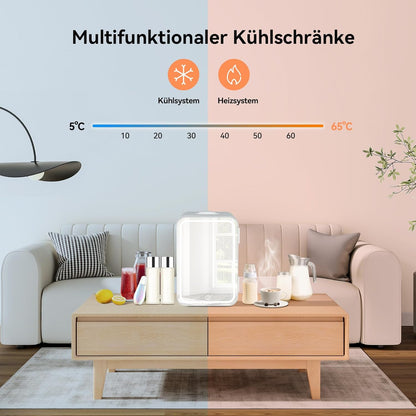 Mini Frigo 8L Avec Miroir LED, Mini Réfrigérateurs Portable, Petit Frigo Cosmetique 12V/220V, Frigo De Chambre Avec Fonction Chaud/Froid, Miroir De Maquillage Led Pour Voitures,Blanc