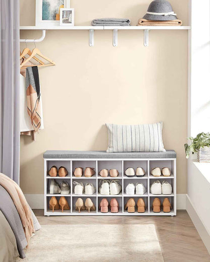 CUSTOS Collection - Banc À Chaussures, Organiseur De Chaussures Avec 15 Compartiments, Siège Rembourré, Pour Entrée, Couloir, Placard, Blanc Nuage Et Gris Tourterelle LHS015WB02