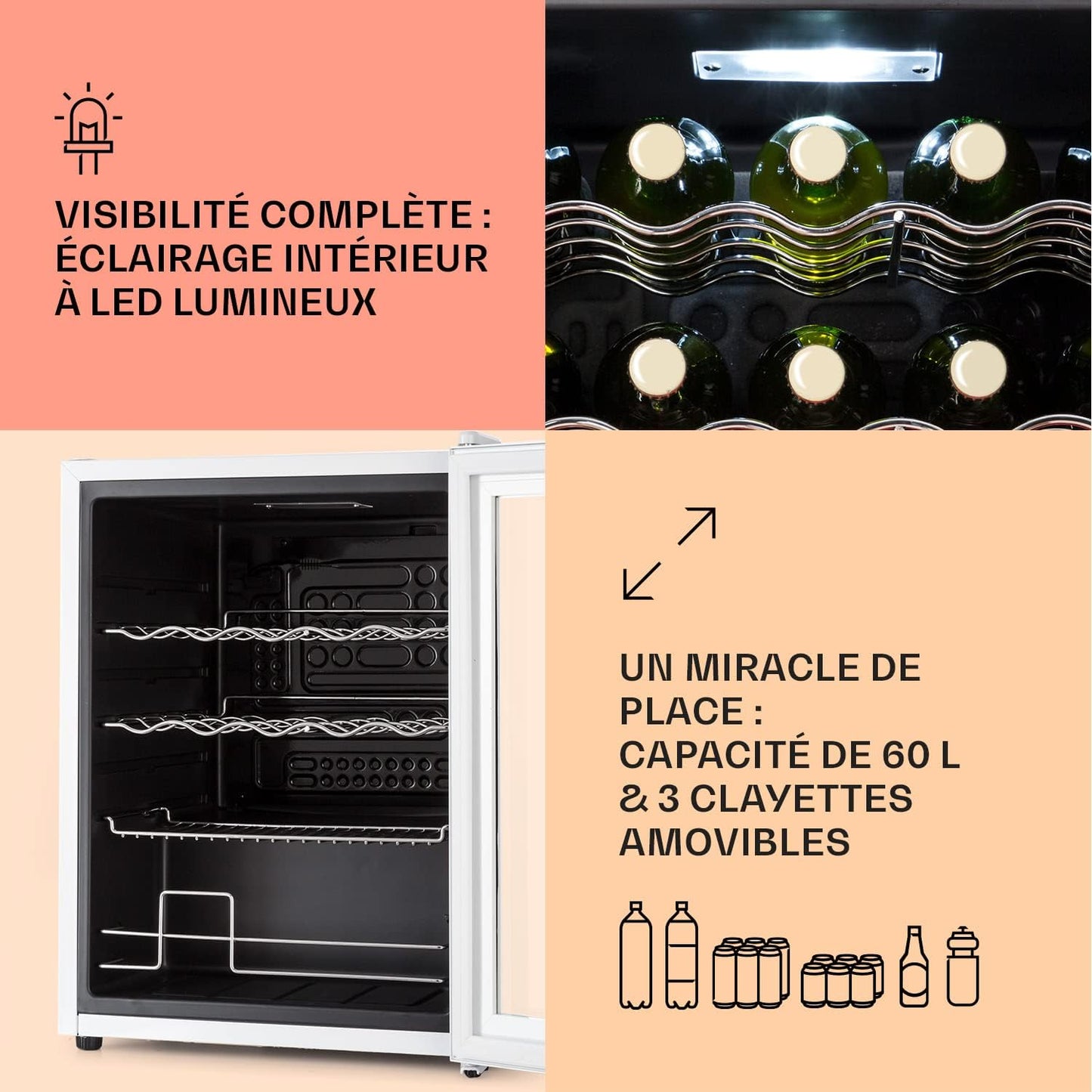 Mini Frigo De Chambre, Frigo À Bière, Mini Bar, Refrigerateur Aliments, Boissons, Contrôle Iot/App, Petit Réfrigérateur Camping Silencieux, Frigo Cosmetique, Etagères Amovibles, 3-18°C, 60L