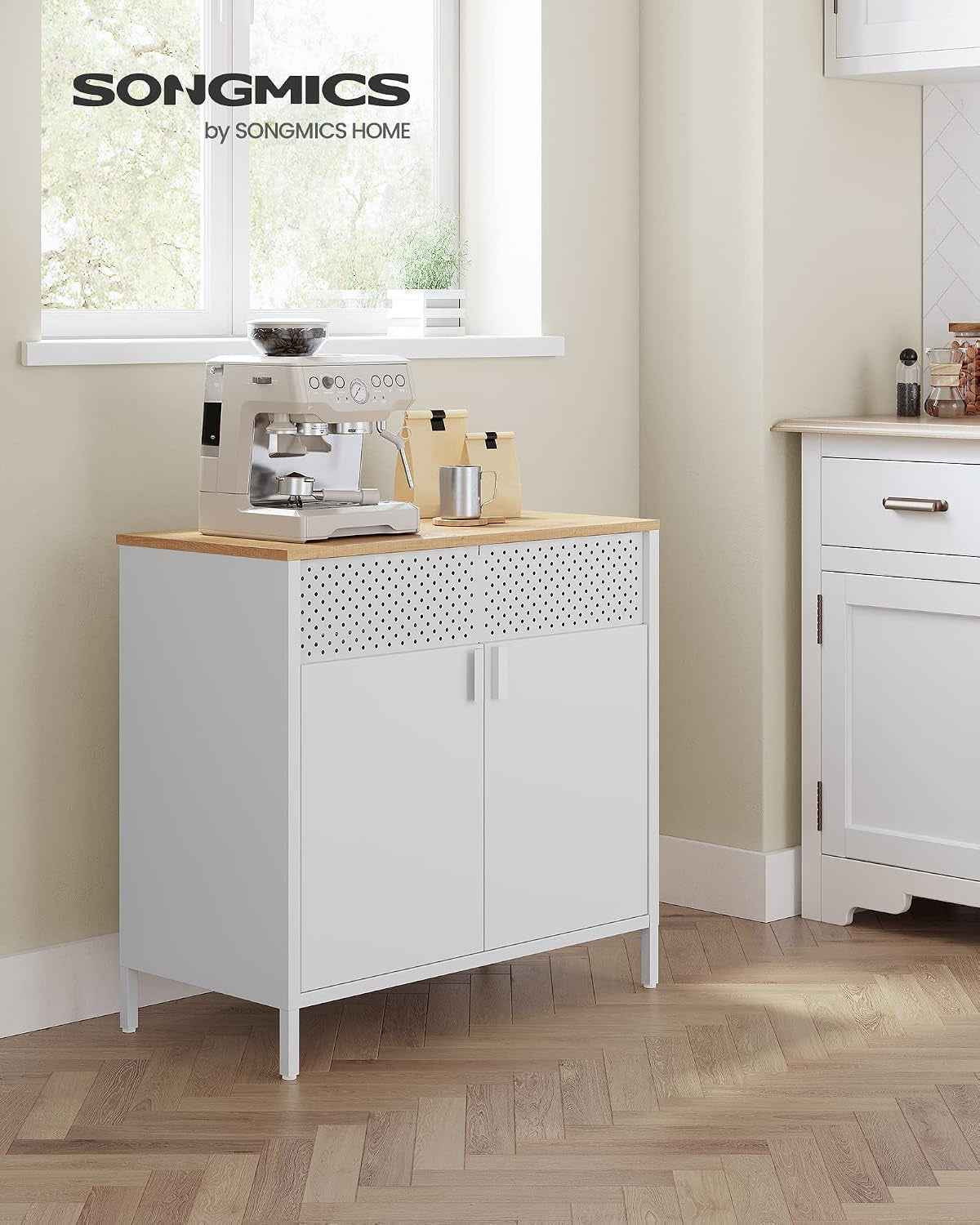 Meuble De Rangement, Buffet, En Métal, Double Porte, Fermeture Magnétique, Cadre En Acier, 40 X 80 X 76 Cm, Couleur Boisée Et Blanc LSC102W57