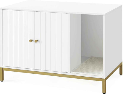 Meuble Litière Pour Chat, Maison De Toilette Pour Chat, Avec Tapis De Grattage, Pieds Hauts, Table D'Appoint, 80 X 50 X 55 Cm, Blanc Et Doré PCL007W01