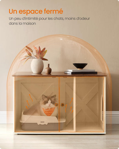 Maison De Toilettes Pour Chat, Niche, Meuble Litière Chat, Avec Séparateur Amovible, Cache-Litière, Table Basse, 80 X 53 X 50 Cm, Marron Miel Et Blanc Rustique PCL002P01V1