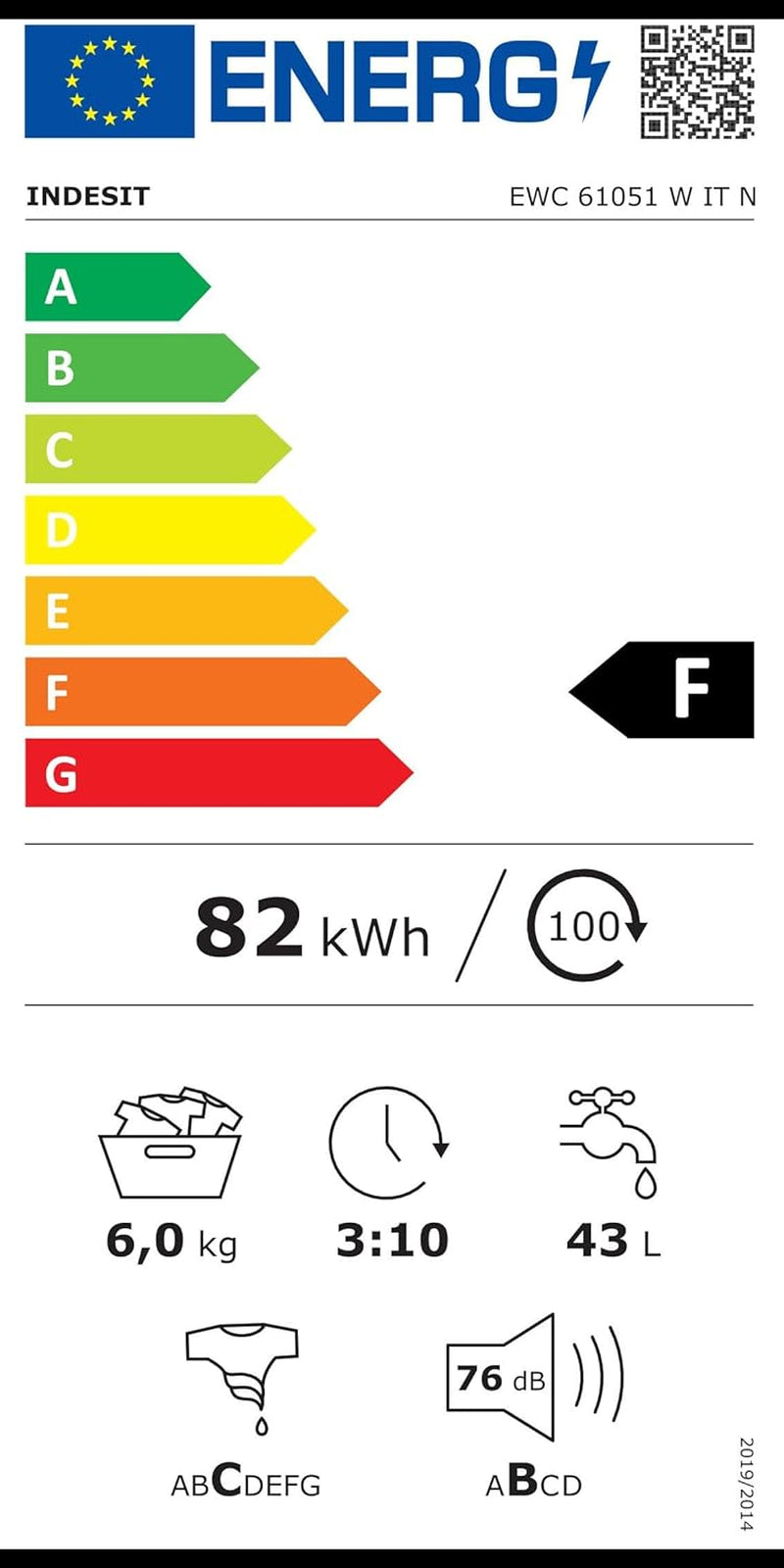 EWC 61051 W IT N - Machine À Laver 6 Kg Libre Installation, Charge Avant. Centrifugeuse 1000 Tours Par Minute - Largeur 59,5 Cm, Profondeur 51,7 Cm, Hauteur 85 Cm, Classe Énergétique F