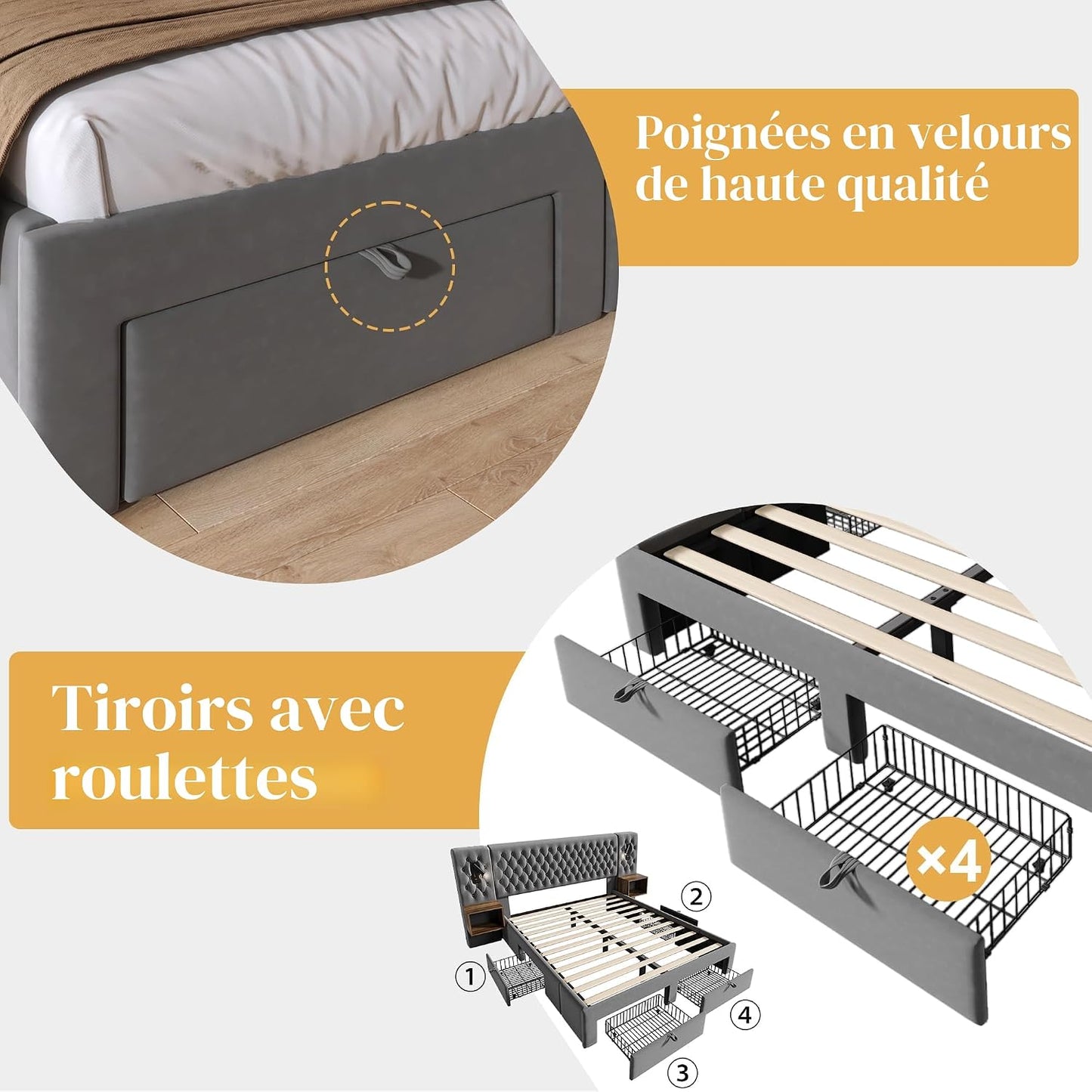 Lit 180X200 Avec Sommier LED Et USB Et 2 Tables De Chevet, Lit Coffre 180X200 Avec 4 Tiroirs Et Tete, Lit Double Avec À Lattes 2 Personnes, Lit Rembourré Cadre De Velours (Sans Matelas)