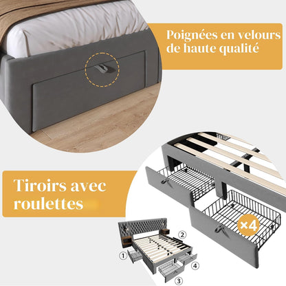 Lit 180X200 Avec Sommier LED Et USB Et 2 Tables De Chevet, Lit Coffre 180X200 Avec 4 Tiroirs Et Tete, Lit Double Avec À Lattes 2 Personnes, Lit Rembourré Cadre De Velours (Sans Matelas)