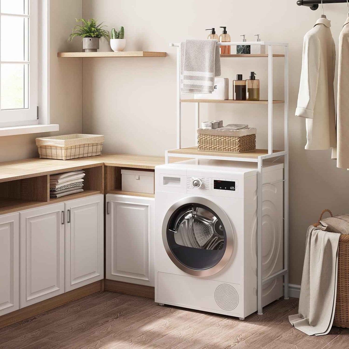 Meuble Machine À Laver, Meuble Dessus WC, À 3 Niveaux, Avec Barre De Suspension, Chêne Clair + Blanc, 67X40X162Cm | 3 Niveaux ; Barre De Suspension ; Autoportante ; Salle De Bain Ou Buanderie