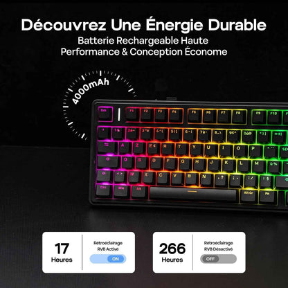 Aula F75 ISO-FR Clavier Mécanique Sans Fil AZERTY 75% | Clavier Gaming Français Avec Bouton Rotatif, RVB, Hot-Swap, Montage Gasket, Son Crémeux, Bt/2.4Ghz/Filaire
