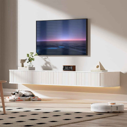 Meuble TV Suspendu Flottant Avec Lumières LED RGB – Meuble TV Mural Moderne Blanc 180 Cm Longueur, Profondeur 31 Cm Pour Rangement Amélioré, Pour Téléviseurs 65 À 75 Pouces