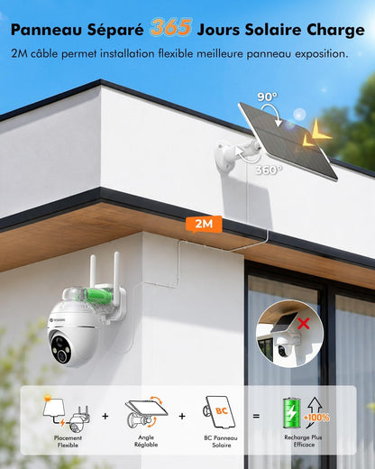 2K Camera Surveillance Wifi Exterieure Sans Fil Solaire, 360° PTZ | Caméra Extérieure Solaire, Avec Panneau Déporté 2M, Vision Nocturne Couleur, Détection PIR, Audio 2 Voies, 2,4 Ghz IP66