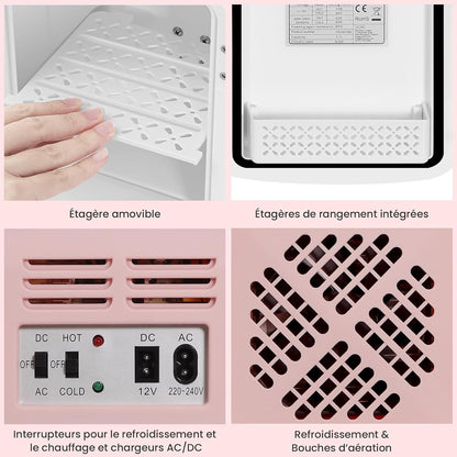 4L Mini Frigo, Petit Réfrigérateur Portable, Réfrigérateur Cosmétique, Frigo Mignon, Fonction Froid/Chaud Pour Bureau, Chambre, Voiture, Voyage, 220V/12V, Rose, 24,5X18,5X27Cm