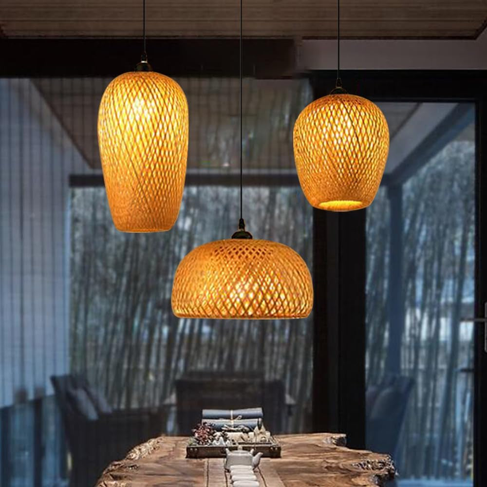 Lustre Industriel 3 Lampes Suspendue Bambou Tissé À La Main Lampe Vintage Pendentif Rotin Lampe À Suspension Abat-Jour En Osier Naturel Luminaire Plafonnier E27 Pour Chambre Salon Cuisine Salle,A